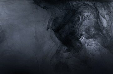 Acrylic white colors and ink in black water. Ink blot. Abstract background darkness fear banner mystic
