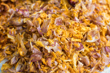 Cooking components of Thai food. Chili, garlic, onion, kaffir lime leaves, pork crackling, fried.