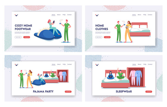 Pajama Party Landing Page Template Set. Characters Wearing Home Clothes, Comfortable Nightwear and Slippers