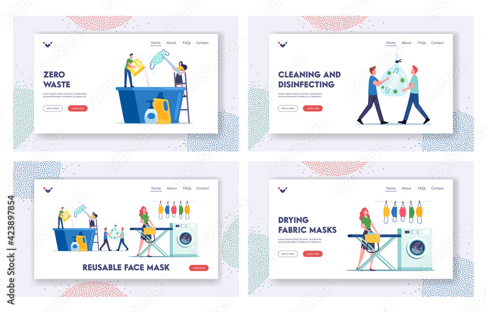 Poster reusable masks care and recycling landing page template set. tiny characters washing, ironing and dr