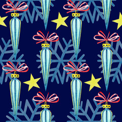 Christmas toys. An ornament with glass icicles, yellow stars and blue snowflakes. Yellow and blue retro icicle toys with a red bows. Watercolour illustrations.