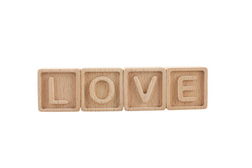 Word love is made of cubes isolated on a white background. Love symbol object. Valentine's Day concept. Word from the cubes in the English language. Letters. 