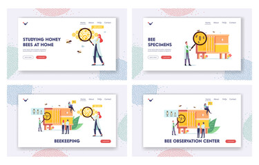 Obraz na płótnie Canvas Beekeeping Landing Page Template Set. Tiny Male Female Scientists Characters Learning Bees at Huge Beehive with Insects