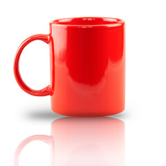 Red Mug Isolated on White Background with reflection and shadow. bright dishes. New year's Cup. 