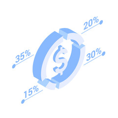 3d pie chart with dollar sign inside. Infographic element. Vector illustration in modern isometric style. Isolated on white background