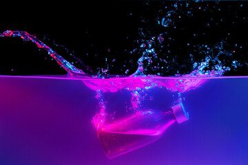 Skincare product bottle falling into water against black background in neon light