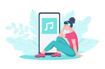 A young woman sits on the floor and listens to music with headphones. Concept podcast, music lover, online radio, audiobook, daily life. Flat vector illustration.