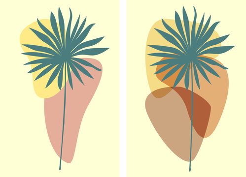 Vector flat design illustrations with tropical palm leaves and abstract free form spots. Minimalism in blue, brown ,beige, yellow colors. Elements for card, poster, invitation, interior picture.
