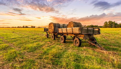Fototapeta na wymiar Old vintage carriage with hay stacks in green shiny field with beautiful sunset , hay cart in country valley during sunrise , wagon with haystacks and scenic view
