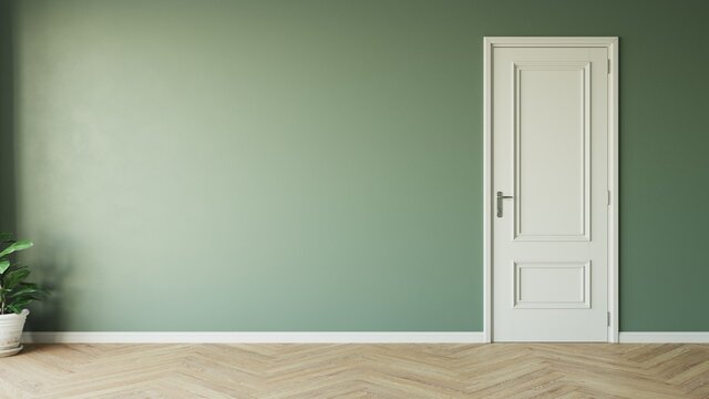 Modern style empty green room with wood laminate floor window sun light effect with white ceramic vase of green plant on the left and white door on the right. 3d illustration.