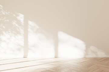 Mock-up of white empty room and light wood laminate floor with sun light cast the shadow on the wall, Perspective of minimal inteior design architecture, 3D rendering, 3D illustration