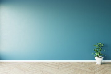 View of sun light cast the shadow on blue empty blue wall and light wood laminate floor with white ceramic vase of green plant. 3D illustration