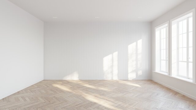 Abstract of empty white room with sun light cast the two vertical tall window diagonal shadow on the wall and wood laminate floor, Perspective of minimal interior design architecture. 3D illustration