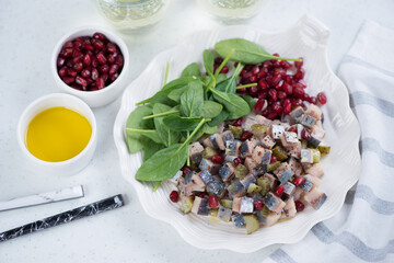 Herring tartare with pomegranate seeds and fresh spinach on a shell-shaped plate, studio shot on a...