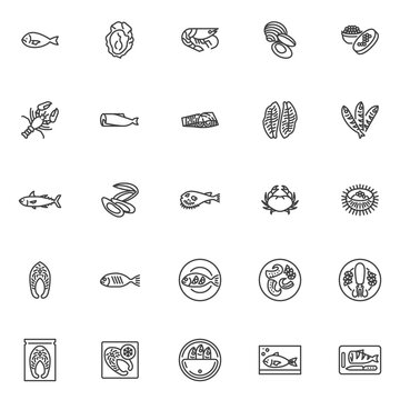 Seafood menu line icons set