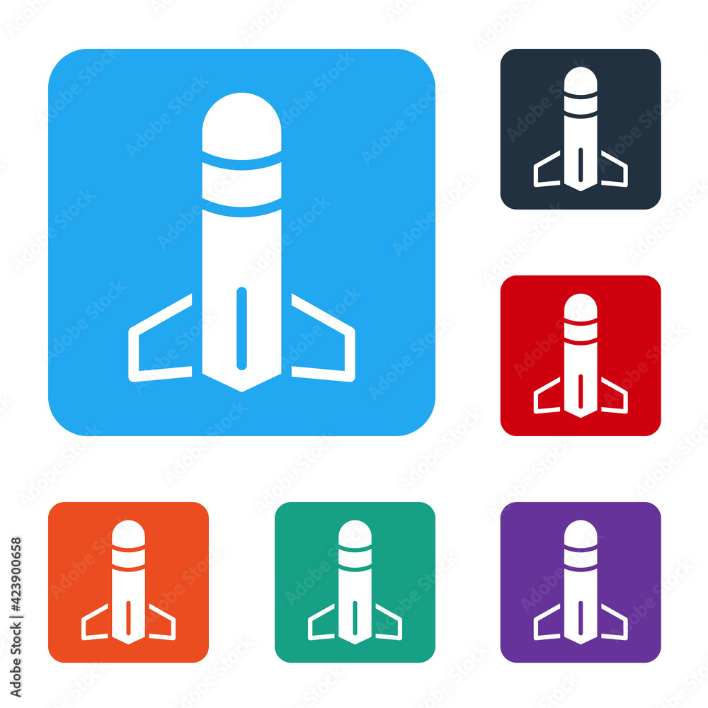 Poster white rocket icon isolated on white background. set icons in color square buttons. vector