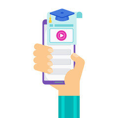 Function Of A Mobile App. Hand with phone. Training and webinars