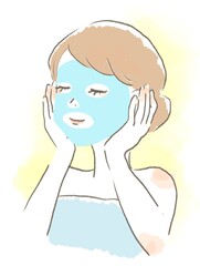 お風呂上がりにスキンケアをする女性のイラスト