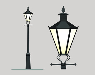 Fototapeta na wymiar Classic street lamp. Outdoor lighting of the city. Urban design. Design of parks and squares. Garden lamps. Classic architecture. Wrought iron. Luxury landscape design. Lamp post. Sketch. Vintage.