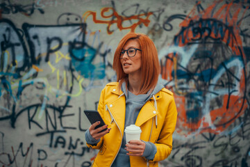 Woman using smartphone and drinking coffee takeaway