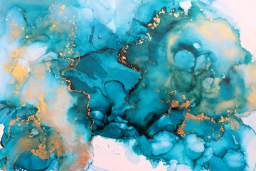 art photography of abstract fluid art painting with alcohol ink, blue and gold colors