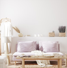 Fototapeta na wymiar Home mock up with purple sofa and flowers, fresh spring living room interior, 3d render