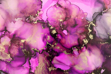 art photography of abstract fluid art painting with alcohol ink, pink, purple and gold colors