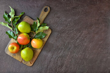 Board with tasty apple and pear fruits on dark background