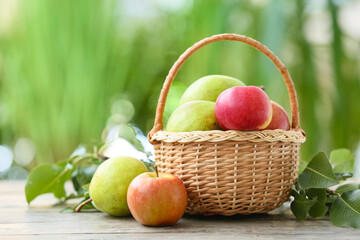 Basket with tasty apple and pear fruits on table outdoors