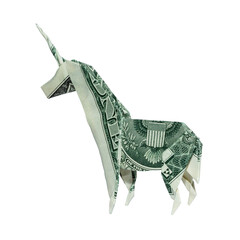 Money Origami UNICORN Folded with Real One Dollar Bill Isolated on White Background