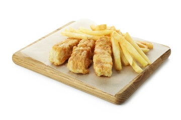 Board with fried fish and chips isolated on white background