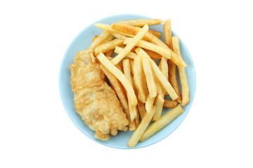 Plate of fried fish and chips isolated on white background