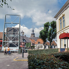 Bridge opens for boats. Open drawbridge. . Historic town of Blokzijl Overijssel Netherlands. 1990.