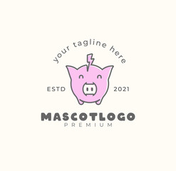 Cute electric pig mascot logo, flat design logo template, vector illustration