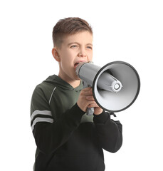 Screaming little boy with megaphone on white background
