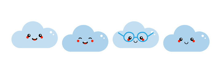 Set, collection of cute smiling cartoon style blue cloud characters for weather, seasonal design.