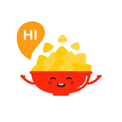 Smiling cartoon style nacho chips, tortilla chips red bowl character with speech bubble saying hi, hello.