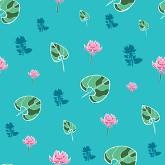 Water lily vector seamless pattern on turquoise background
