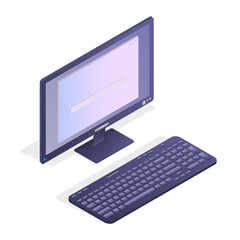 Computer monitor and keyboard in isometry. 3D devices isolated on a white background. Gradient colors. Vector illustration