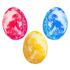 Three colorful easter eggs, red, blue and yellow, isolated on white background