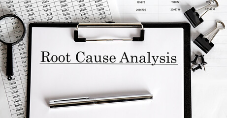 White sheet with the text of the Root Cause Analysis on the background of documents and graphs.