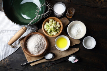 Vegan Pancake Ingredients: Green buckwheat flour, coconut milk, salt, grape syrup, cornstarch, baking powder, chopped zucchini, and apple cider vinegar