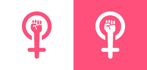 Fototapeta premium Feminism symbol, feminist woman with fist up hand gesture vector illustration on white and pink background.