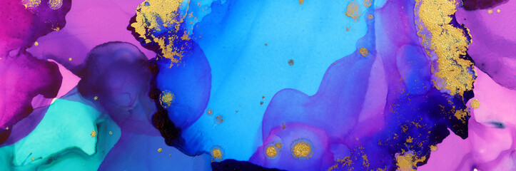 art photography of abstract fluid art painting with alcohol ink, blue, purple, green and gold colors