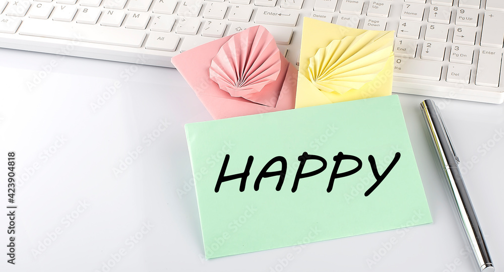 Poster colorful envelope with pen on keyboard on white background with text happy