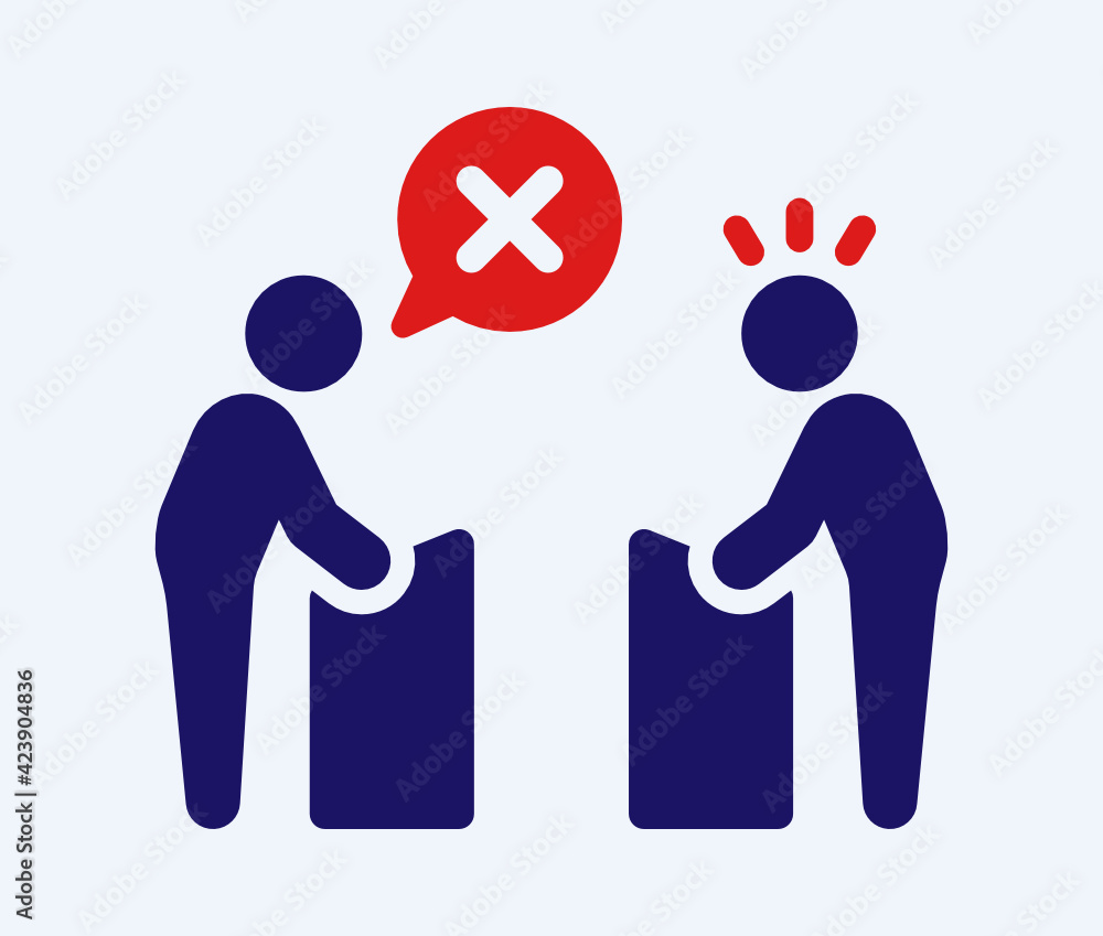 Poster disagreement of politics person during debate. man disagree and says no with red crossed speech bubb