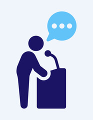 Speech vector icon. Man speaking politics on podium with blue chat bubble