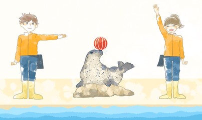 水族館でアザラシのショーをする飼育員さんのイラスト © Hirose