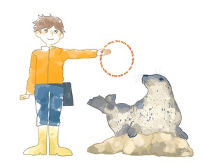 水族館でアザラシのショーをする飼育員さんのイラスト © Hirose