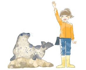 水族館でアザラシのショーをする飼育員さんのイラスト © Hirose